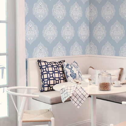 Signet Medallion Damask Wallpaper- Sky