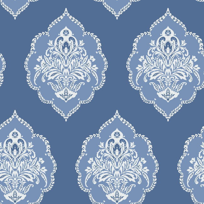 Signet Medallion Damask Wallpaper- Cobalt