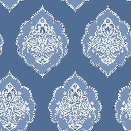 Signet Medallion Damask Wallpaper- Cobalt