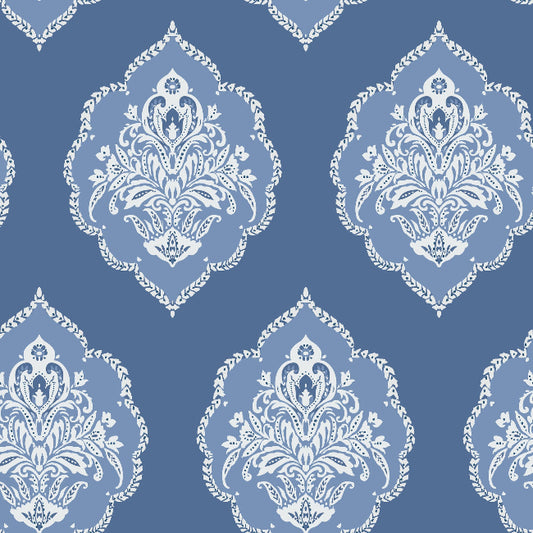 Signet Medallion Damask Wallpaper- Cobalt