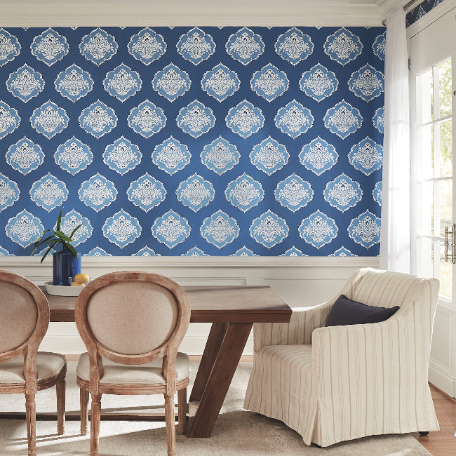 Signet Medallion Damask Wallpaper- Cobalt