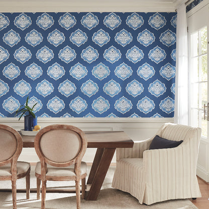 Signet Medallion Damask Wallpaper- Cobalt