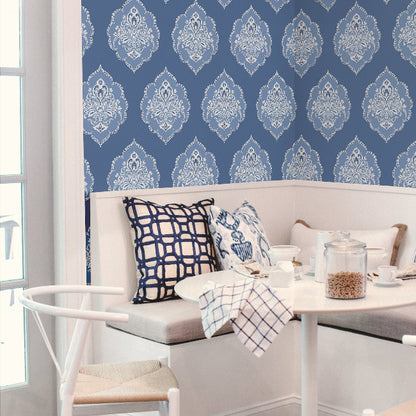 Signet Medallion Damask Wallpaper- Cobalt