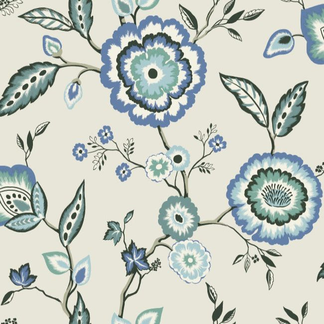 Dahlia Blooms Wallpaper- Dove/Cornflower