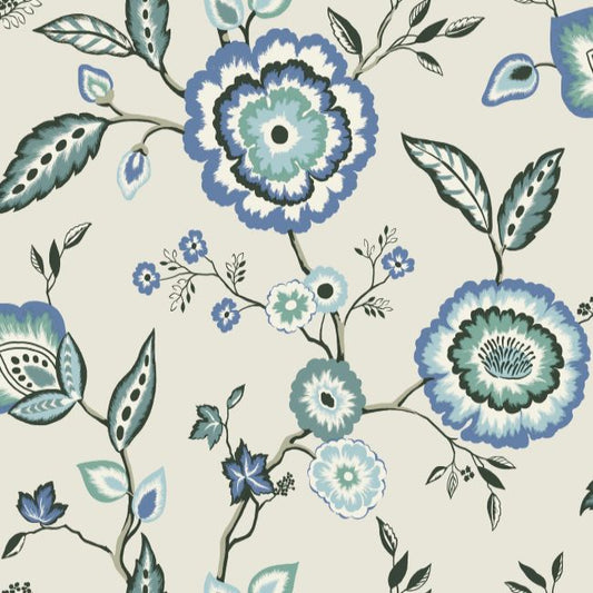 Dahlia Blooms Wallpaper- Dove/Cornflower