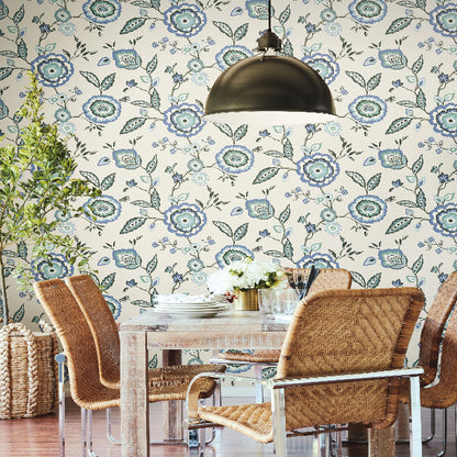Dahlia Blooms Wallpaper- Dove/Cornflower
