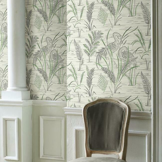 Fernwater Cranes Wallpaper (Black/Green)