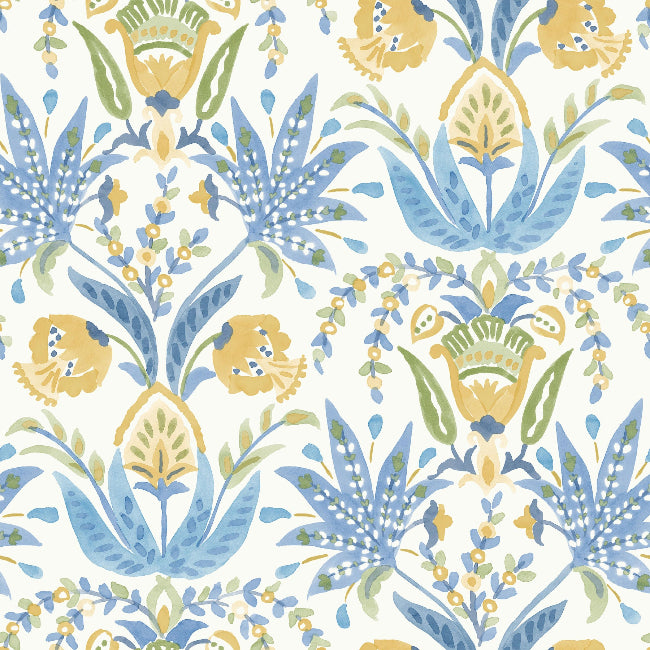Seaside Jacobean Wallpaper- White/Yellow/Blue