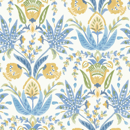 Seaside Jacobean Wallpaper- White/Yellow/Blue