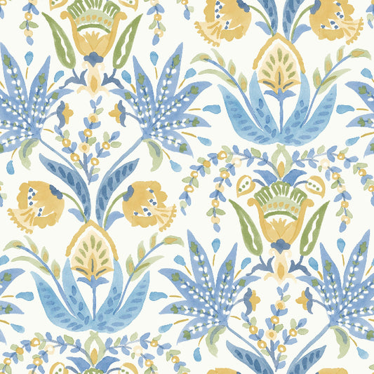 Seaside Jacobean Wallpaper- White/Yellow/Blue