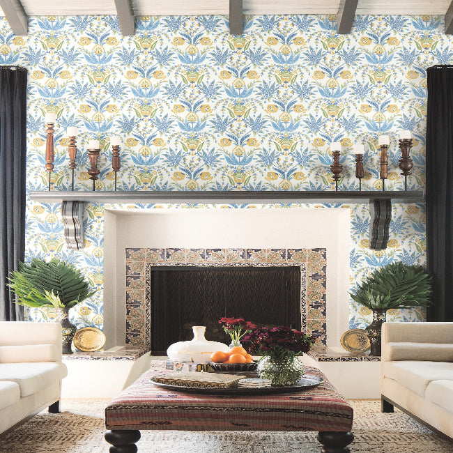 Seaside Jacobean Wallpaper- White/Yellow/Blue