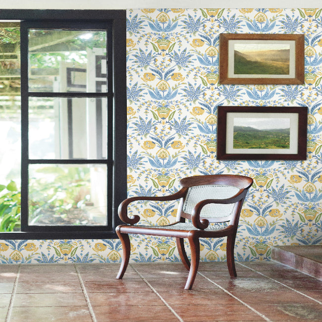 Seaside Jacobean Wallpaper- White/Yellow/Blue