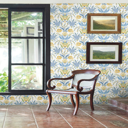 Seaside Jacobean Wallpaper- White/Yellow/Blue
