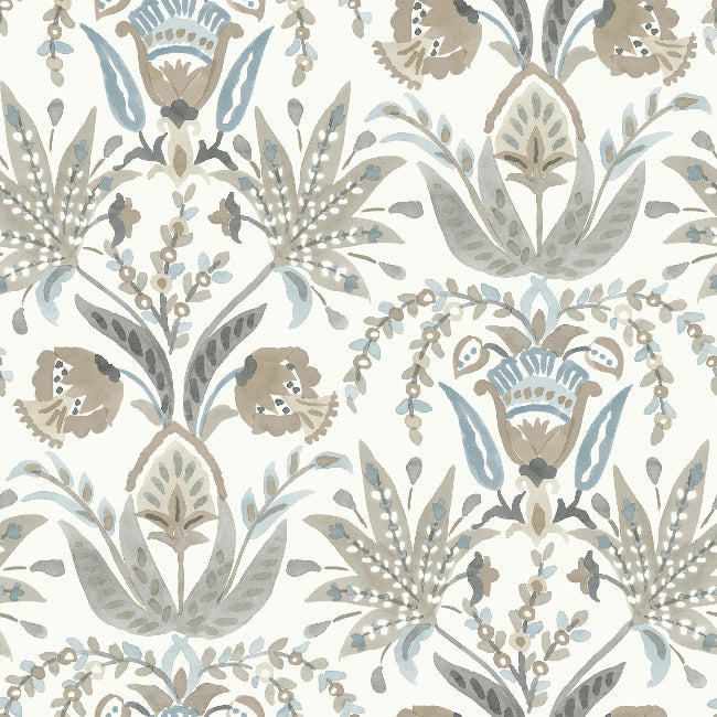 Seaside Jacobean Wallpaper- White/Taupe/Blue