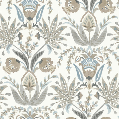 Seaside Jacobean Wallpaper- White/Taupe/Blue