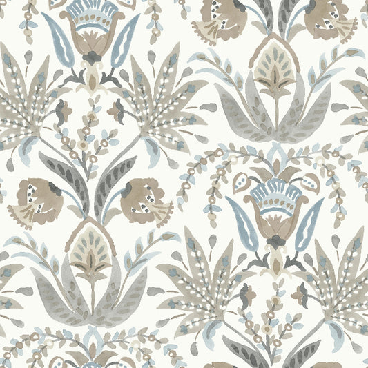 Seaside Jacobean Wallpaper- White/Taupe/Blue