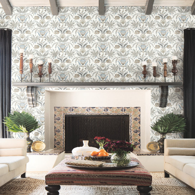 Seaside Jacobean Wallpaper- White/Taupe/Blue