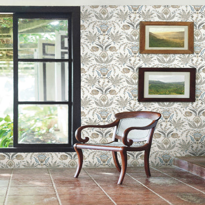 Seaside Jacobean Wallpaper- White/Taupe/Blue