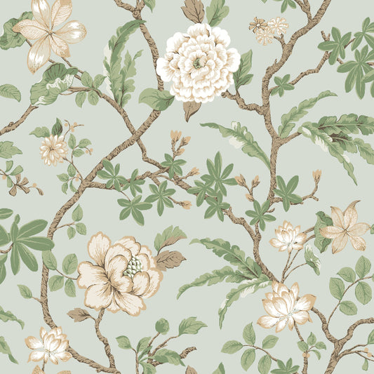 Courtyard Botanical Wallpaper- Pale Blue