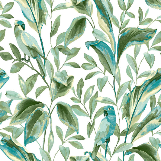 Tropical Love Birds Wallpaper- White/Aqua