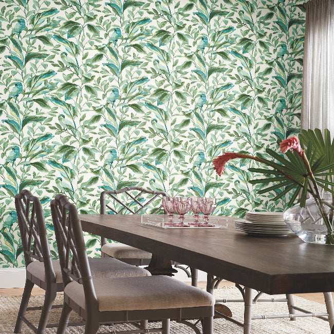 Tropical Love Birds Wallpaper- White/Aqua