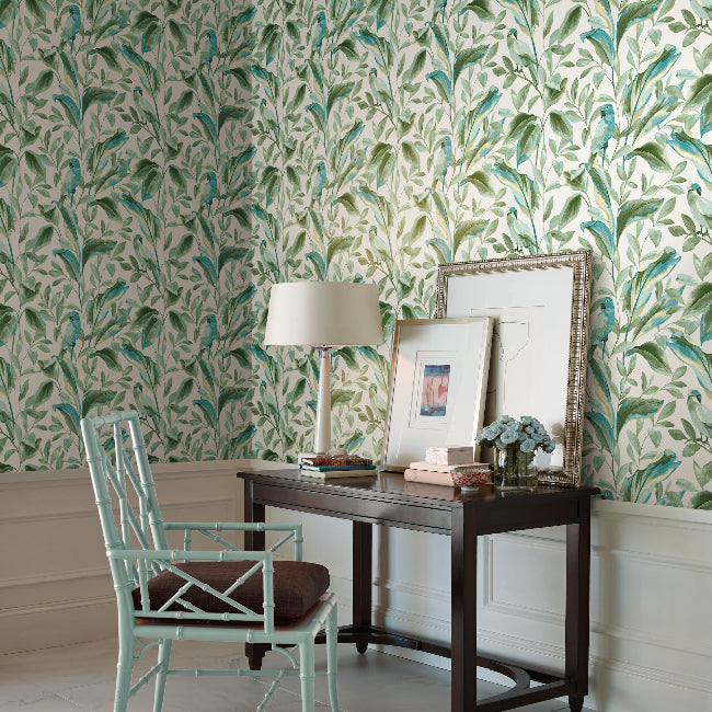 Tropical Love Birds Wallpaper- White/Aqua