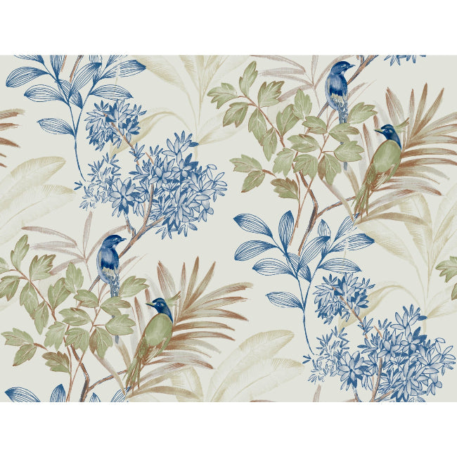 Handpainted Songbird Wallpaper- Green/Blue