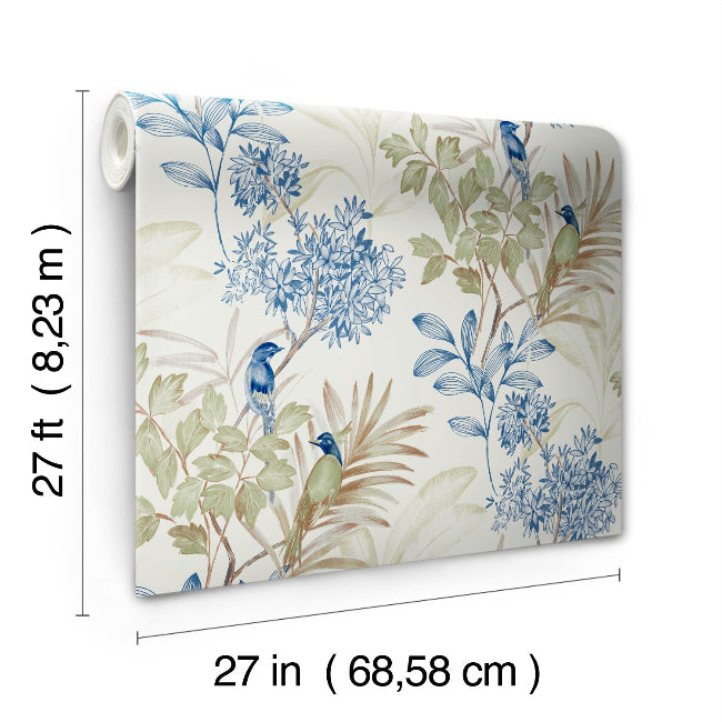 Handpainted Songbird Wallpaper- Green/Blue