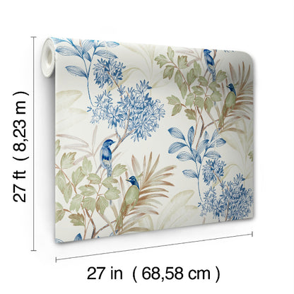 Handpainted Songbird Wallpaper- Green/Blue