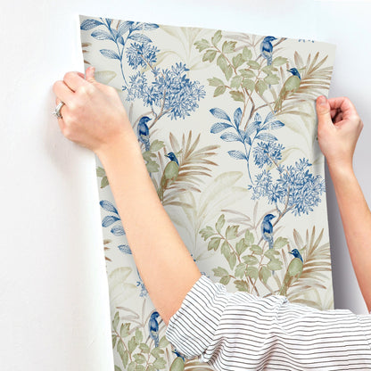 Handpainted Songbird Wallpaper- Green/Blue