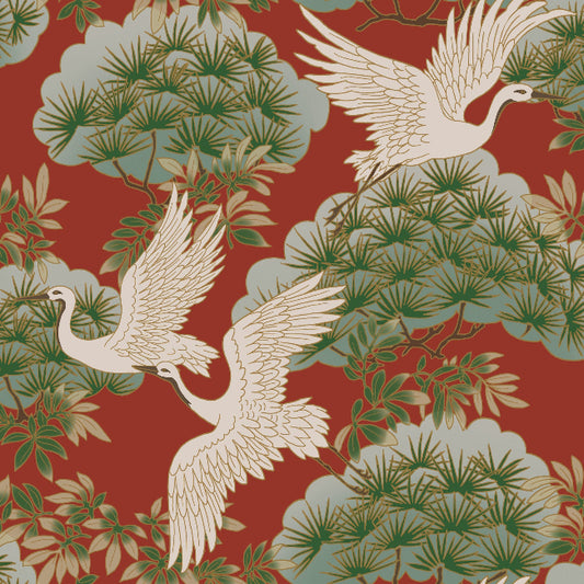Sprig and Heron Wallpaper- Red