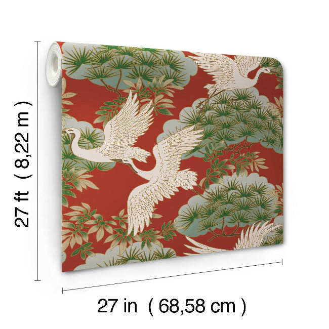 Sprig and Heron Wallpaper- Red
