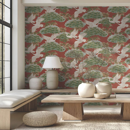 Sprig and Heron Wallpaper- Red