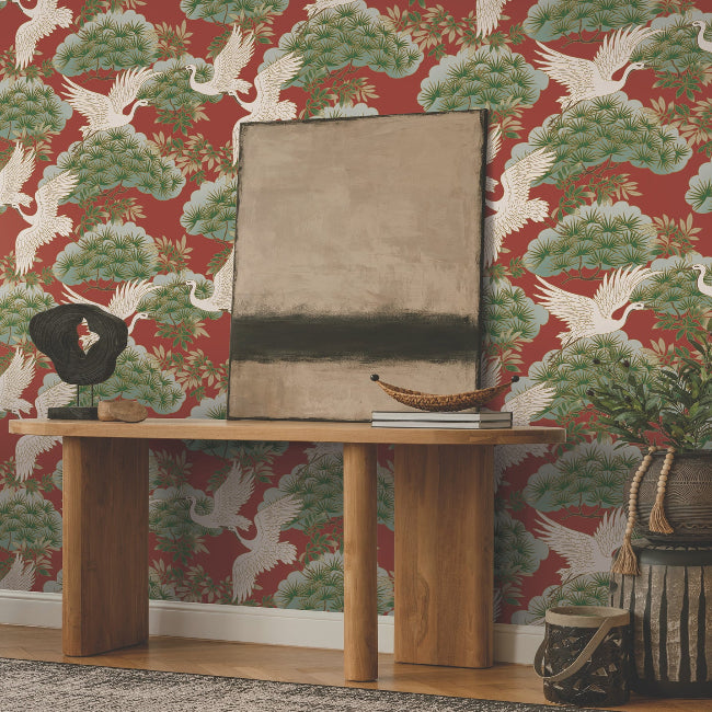 Sprig and Heron Wallpaper- Red