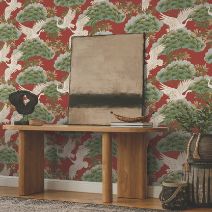 Sprig and Heron Wallpaper- Red