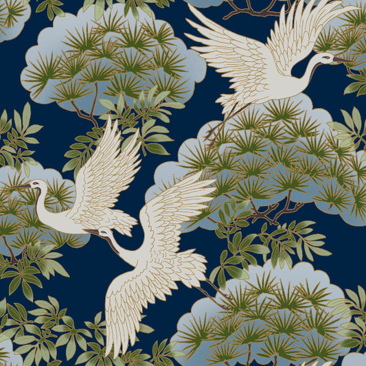 Sprig and Heron Wallpaper- Navy