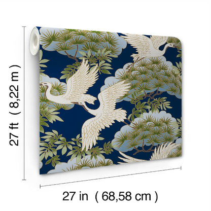 Sprig and Heron Wallpaper- Navy