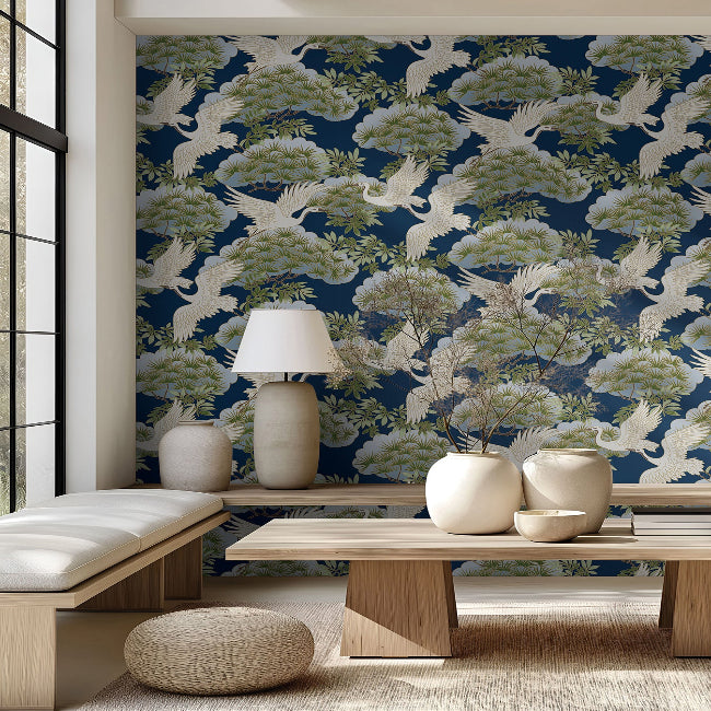 Sprig and Heron Wallpaper- Navy