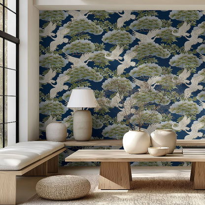 Sprig and Heron Wallpaper- Navy