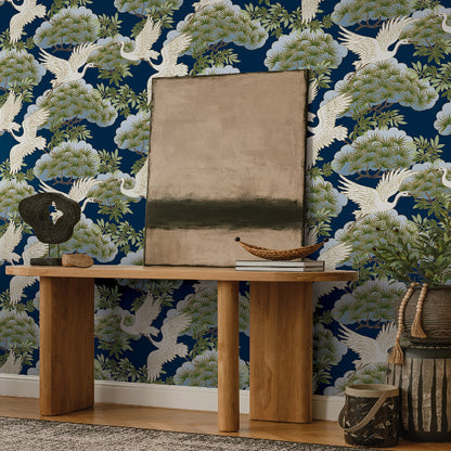 Sprig and Heron Wallpaper- Navy