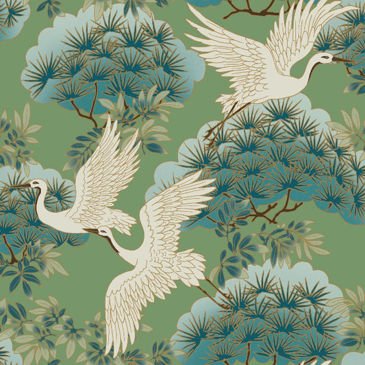 Sprig and Heron Wallpaper- Green