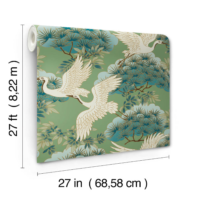 Sprig and Heron Wallpaper- Green