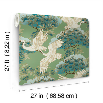 Sprig and Heron Wallpaper- Green