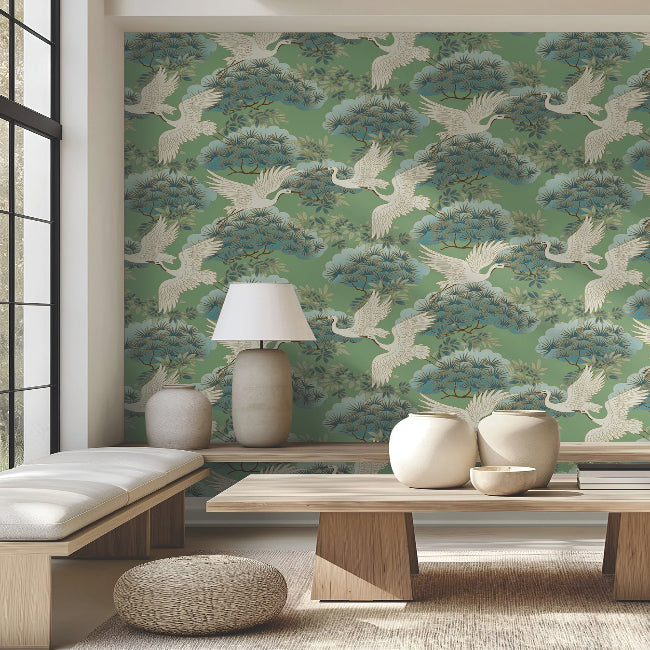 Sprig and Heron Wallpaper- Green