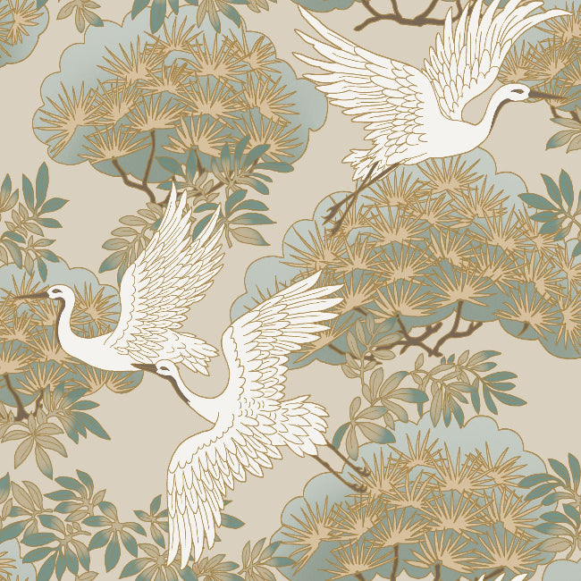 Sprig and Heron Wallpaper- Beige