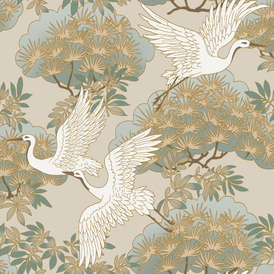 Sprig and Heron Wallpaper- Beige