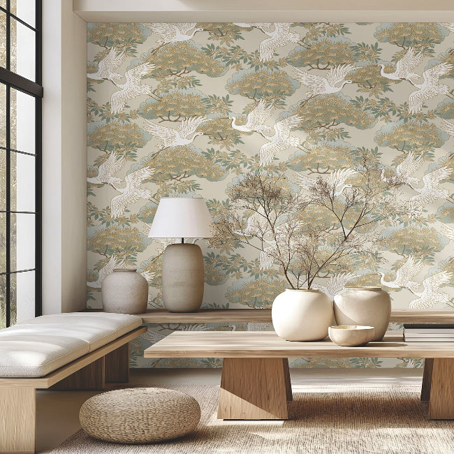Sprig and Heron Wallpaper- Beige