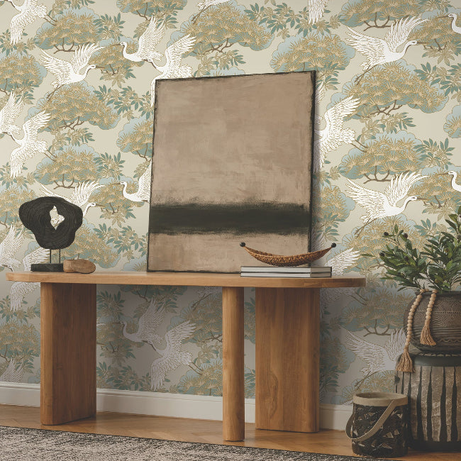 Sprig and Heron Wallpaper- Beige