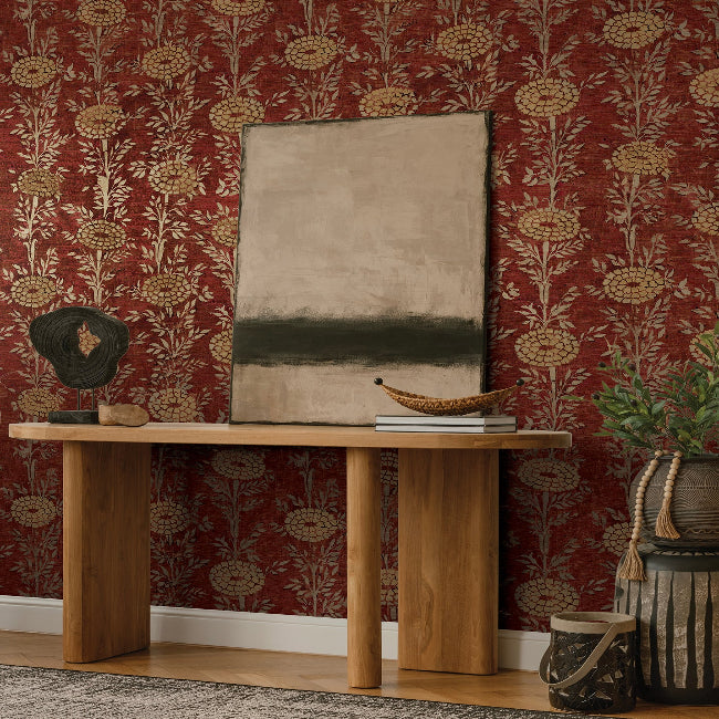 French Marigold Wallpaper- Red & Gold
