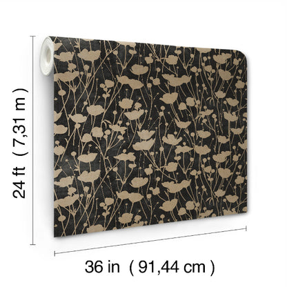 Shimmering Poppies Wallpaper- Black & Gold
